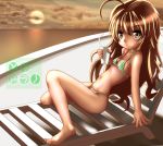  aisaka_taiga bad_id barefoot bikini brown_eyes brown_hair drink flat_chest long_hair lounge_chair mory solo sunset swimsuit toradora! 