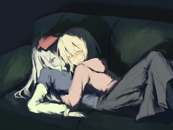  2girls andrew_(bad_things) bad_things_(roblox) black_eyes black_pants blonde_hair blue_sweater couch genderswap genderswap_(mtf) grey_hair highres hood hoodie hug humanization ivan_(bad_things) long_hair multiple_girls pants pink_hoodie red-framed_eyewear red_visor_cap roblox shirt sweater weiss_flax white_shirt yellow_eyes 
