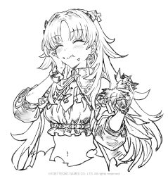  absurdres atelier_(series) atelier_karia bare_shoulders benitama bomb closed_eyes coat commentary eating english_commentary explosive gloves hand_on_own_face highres holding horn_ornament horns karia_(atelier) long_hair monochrome navel necktie official_art ribbon 