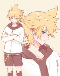  1boy absurdres antenna_hair averting_eyes bass_clef belt black_shirt black_shorts black_socks blonde_hair blue_eyes blush collarbone commentary_request double-parted_bangs from_side frown g_hana hair_between_eyes highres hood hood_down hooded_jacket jacket kagamine_len kagamine_len_(nt) long_sleeves looking_at_viewer loose_socks male_focus multiple_views ponytail shirt short_hair short_ponytail shorts sidelocks simple_background socks vocaloid white_jacket yellow_background yellow_belt yellow_nails 