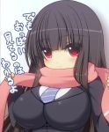  blazer blush breasts close-up huge_breasts long_hair necktie red_eyes scarf shuz_(dodidu) smile translated very_long_hair 