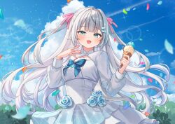  1girl absurdres ahoge blue_bow blue_eyes blue_flower blue_sky bow center_opening chest_bow commentary commission dress flower food hair_ornament hair_ribbon highres holding holding_food holding_ice_cream holding_ice_cream_cone ice_cream ice_cream_cone indie_virtual_youtuber kazenone_tetora long_hair long_sleeves looking_at_viewer open_mouth petals pill_hair_ornament pink_ribbon reityana ribbon second-party_source short_twintails skeb_commission sky solo twintails virtual_youtuber white_hair 