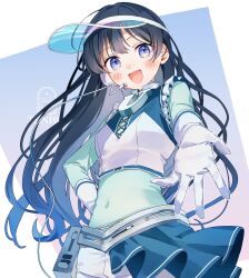  1girl aqua_bodysuit black_hair blue_eyes blue_hair blue_shirt blue_skirt bodysuit commentary covered_navel cropped_shirt gloves gradient_hair half-skirt headset highres indie_virtual_youtuber long_hair multicolored_hair nanami_urara_(vtuber) open_hand open_mouth outstretched_arm reaching reaching_towards_viewer shirt skirt smile solo sportswear tennis_uniform tnri_0404 two-tone_shirt untranslatable_commentary upper_body virtual_youtuber visor_cap white_gloves white_shirt 
