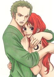  1boy 1girl black_eyes blush choppy_bangs commentary_request dahlia-tami eyelashes forehead from_side furrowed_brow green_hair green_kimono hair_slicked_back hand_on_another's_back hand_on_another's_shoulder hand_to_own_mouth hand_up heads_together hug japanese_clothes kimono long_hair looking_at_another looking_at_viewer marker_(medium) nami_(one_piece) one_piece orange_hair parted_lips roronoa_zoro scar scar_across_eye scar_on_face short_hair shoulder_tattoo sideburns simple_background small_sweatdrop smile tattoo traditional_media upper_body very_short_hair wavy_hair white_background 