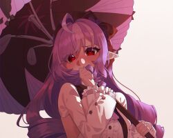  1girl 4ureliaminerva ahoge ascot blush center_frills commentary drill_hair frills grey_background hairband heart heart-shaped_pupils highres holding holding_umbrella long_hair looking_at_viewer pointy_ears purple_ascot purple_hair purple_hairband purple_umbrella red_eyes shrug_(clothing) simple_background solo symbol-shaped_pupils umbrella upper_body vivian_banshee white_shrug zenless_zone_zero 