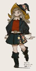  1girl absurdres arms_at_sides artist_name belt belt_buckle black_boots black_hat black_jacket black_skirt blue_eyes boots buckle buttons closed_mouth collared_shirt commentary dot_nose earrings floral_print fringe_trim full_body grey_hair hat highres jacket jewelry knee_boots light_blush long_hair long_sleeves looking_ahead nanora open_clothes open_jacket original parted_bangs pleated_skirt print_hat red_sweater shirt simple_background skirt sleeve_cuffs smile solo standing standing_on_one_leg sweater sweater_tucked_in twitter_username two-sided_fabric two-sided_headwear white_background white_belt white_shirt wide_brim witch_hat 