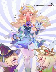  3girls ^_^ alice_(genshin_impact) barbeloth_(genshin_impact) bare_shoulders beret blonde_hair blue_eyes blue_eyeshadow blue_hat blunt_ends bob_cut breasts closed_eyes closed_mouth cowlick detached_sleeves dress earrings elf english_commentary eyeshadow facial_mark forehead_mark genshin_impact gold_halo grey_hair hair_between_eyes hat heart-shaped_gem highres hoop_earrings jewelry large_breasts long_hair long_sleeves makeup multiple_girls nicole_(genshin_impact) old old_woman open_mouth pointy_ears red_dress red_sleeves running short_hair side_ahoge smile star_(symbol) star_facial_mark sweatdrop very_long_hair viviwi white_dress white_hat white_sleeves witch_hat wrinkled_skin 