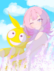  1girl absurdres blue_eyes blue_sky breasts chinese_commentary commentary_request dress elf elysia_(honkai_impact) highres homu_(honkai_impact) honkai_(series) honkai_impact_3rd hugging_doll hugging_object large_breasts long_hair looking_at_viewer pink_hair pointy_ears sky smile solo very_long_hair white_dress xu_shi_pingping_an'an 