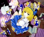  &gt;_&lt; alice_margatroid alice_margatroid_(pc-98) blonde_hair book chair clock doll grin hairband highres long_hair mary_janes pantyhose red_eyes ribbon shanghai_doll shoes short_hair teacup teapot touhou touhou_(pc-98) watch white_pantyhose yellow_eyes young 