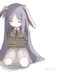  1girl :< animal_ears blush bound brown_suit closed_mouth collared_shirt crosshair crying facing_ahead facing_viewer full_body kneeling long_hair medium_skirt n_ioi necktie purple_hair rabbit_ears rabbit_girl red_necktie reisen_udongein_inaba rope shirt simple_background skirt solo straight-on suit tied_up_(nonsexual) touhou very_long_hair white_background white_shirt 