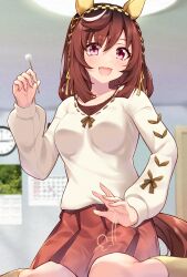  1girl animal_ears atelier_z44 blurry blurry_background blush braid breasts brown_hair brown_skirt buena_vista_(casual)_(umamusume) buena_vista_(umamusume) casual checkered_hairband collarbone commentary_request ear_covers hair_between_eyes hair_ribbon hairband highres holding horse_ears horse_girl horse_tail jewelry lap_pillow_invitation long_sleeves looking_at_viewer medium_breasts medium_hair mimikaki necklace open_mouth ribbon ribbon_in_braid seiza sitting skirt socks solo sweater tail umamusume violet_eyes wariza white_sweater yellow_hairband 