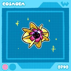  alternate_color blue_background character_name closed_eyes commentary cosmoem dated_commentary english_commentary full_body grid_background highres lvarts497 no_humans outline pokedex_number pokemon pokemon_(creature) pokemon_focus shiny_pokemon solo sparkle u_u white_outline 