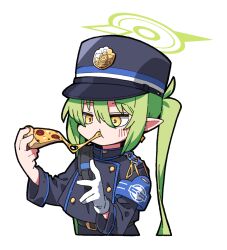  1girl armband belt blue_archive blue_hat blue_jacket buttons cheese cheese_trail closed_mouth commentary_request datemegane double-breasted eating food gloves green_hair hair_between_eyes halo hat highres holding holding_food jacket long_hair long_sleeves nozomi_(blue_archive) pizza pointy_ears sidelocks simple_background single_glove solo twintails white_background white_gloves yellow_eyes 