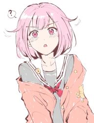  1girl ? blush bow bowtie cardigan center-flap_bangs collarbone commentary_request dutch_angle g_hana grey_shirt hair_flaps looking_at_viewer medium_hair motion_lines ootori_emu open_cardigan open_clothes open_mouth pink_eyes pink_hair project_sekai red_bow red_bowtie red_cardigan sailor_collar shirt sidelocks single_off_shoulder solo speech_bubble spoken_question_mark upper_body white_sailor_collar 