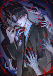  1boy absurdres antlers belt black_belt black_eyes black_hair black_jacket black_necktie black_pants blood blood_on_cheek blood_on_clothes blood_on_neck blood_spray bluewel closed_mouth collared_shirt commentary_request cowboy_shot disembodied_hand fingernails gwechul highres holding holding_mask horns jacket kim_soleum long_fingernails looking_at_viewer male_focus mask necktie pants parted_bangs red_pupils shadow sharp_fingernails shirt short_hair solo standing stuffed_animal stuffed_rabbit stuffed_toy surrounded_by_hands white_shirt 