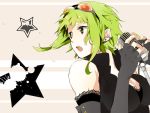  breasts cleavage earrings elbow_gloves fingerless_gloves gloves goggles goggles_on_head green_eyes green_hair gumi hatsuko highres jewelry large_breasts microphone microphone_stand nail_polish short_hair solo star vocaloid wallpaper 