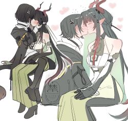  2girls absurdres arknights arknights:_endfield bare_shoulders black_gloves black_hair black_jacket black_pantyhose black_shoes blush closed_eyes closed_mouth commentary dress elbow_gloves endministrator_(arknights) female_endministrator_(arknights) flying_sweatdrops gloves green_dress green_eyes heart highres horns jacket leekpenguin long_hair multicolored_eyes multiple_girls orange_eyes pantyhose ponytail shoes short_hair simple_background sitting sitting_on_lap sitting_on_person two-tone_eyes white_background yuri zhuang_fangyi_(arknights) 