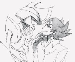  1boy 1other arm_blade bisharp black_hair character_request dress_shirt facing_another fake_horns graphite_(medium) grin hand_on_another's_chin helmet highres horned_helmet horns looking_at_another monochrome open_mouth pokemon pokemon_(creature) shirt shoulder_pads sketch smile spiky_hair taunting traditional_media umi-be-to unfinished upper_body weapon white_background white_shirt 