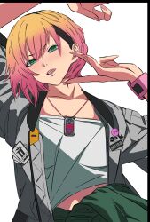  1girl absurdres ace_combat ace_combat_8 black_hair blonde_hair blush collarbone commentary_request green_eyes highres jacket jewelry kareha_(yomogi888) looking_at_viewer multicolored_hair necklace open_mouth pink_hair solo tasha_(ace_combat) teeth white_background white_jacket 