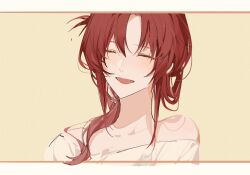  1girl casual closed_eyes closed_mouth commentary_request facing_viewer highres honkai_(series) honkai_impact_3rd humidifier_xd murata_himeko open_mouth red_hair shirt simple_background smile solo upper_body yellow_background yellow_eyes yellow_shirt 