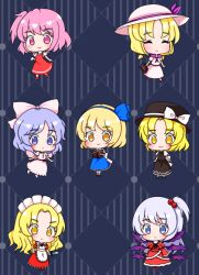  6+girls alice_margatroid alice_margatroid_(pc-98) apron black_dress black_hat blonde_hair blue_background blue_eyes blue_hair blue_hairband blue_skirt book bow capelet chibi chibi_only closed_eyes closed_mouth commentary_request dress frills geometric_pattern grey_hair grimoire_of_alice hair_bobbles hair_bow hair_ornament hair_ribbon hairband hakase_(chitama_shinryaku) hat hat_bow holding holding_book holding_suitcase holding_sword holding_weapon light_blush long_hair long_sleeves louise_(touhou) mai_(touhou) maid maid_headdress multiple_girls mystic_square one_side_up pink_eyes pink_hair puffy_short_sleeves puffy_sleeves red_capelet red_dress ribbon sara_(touhou) shinki_(touhou) shirt shoes short_hair short_sleeves side_ponytail skirt smile suitcase sword touhou touhou_(pc-98) weapon white_bow white_dress white_hair white_shirt white_wings wings yellow_eyes yuki_(touhou) yumeko_(touhou) 