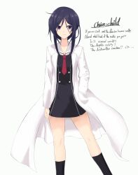  1girl absurdres ahoge black_dress black_socks chaos;child collarbone dress expressionless hand_in_pocket hayaka_(gentlegomen) hekiho_academy_school_uniform highres kneehighs knees kunosato_mio lab_coat long_hair long_sidelocks looking_at_viewer necktie red_necktie sailor_collar school_uniform science_adventure short_dress short_necktie sidelocks simple_background socks solo violet_eyes white_sailor_collar 