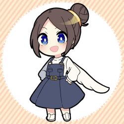  1girl :d angel angel_wings apron blue_apron blue_eyes blush bright_pupils brown_hair chibi chibi_only commentary_request full_body hair_bun hands_on_own_hips long_sleeves nise_dorothia open_mouth original shirt shoes short_hair sidelocks single_hair_bun smile solo standing white_pupils white_shirt white_shoes wings 