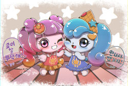  2girls blue_dress blue_eyes blue_hair blush catch!_teenieping chibi chibi_only chibikemo commentary_request dessert_catch!_teenieping double_bun dress furry furry_female gradient_hair grin hair_bun hat highres holding_hands jellyping_(catch!_teenieping) korean_commentary korean_text long_hair looking_at_viewer mixed-language_commentary multicolored_hair multiple_girls one_eye_closed orange_hair pink_eyes pink_hair purple_hair red_dress shashaping_(catch!_teenieping) smile translation_request twintails zeruma 