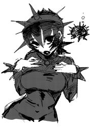  1girl bracelet breasts covered_navel creature_and_personification dancho_no_mori english_commentary fingernails goth_fashion greyscale hair_between_eyes hairband hands_on_own_chest hands_up highres jewelry lips lipstick makeup medium_breasts monochrome nail_polish original parted_lips personification screentones sea_urchin short_hair simple_background spiked_bracelet spiked_hairband spikes white_background 