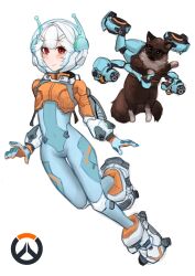  1girl absurdres antennae astronaut blue_bodysuit blush bodysuit cat commentary cosplay ellie_minibot english_commentary full_body gloves hair_between_eyes hair_ornament helmet highres indie_virtual_youtuber jacket jiro_draws_cats juno_(overwatch) juno_(overwatch)_(cosplay) looking_at_viewer orange_jacket overwatch radio_antenna red_eyes short_hair solo space_helmet spacesuit virtual_youtuber white_background white_hair 