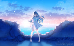  1girl backlighting barefoot belt black_shoes blue_eyes blue_hair blue_neckerchief blue_sky blue_theme clouds commentary_request dress hand_up highres horizon long_hair looking_at_viewer myusha neckerchief ocean official_art original pleated_dress ruins sailor_collar school_uniform shoes short_sleeves sky socks solo sunrise toes water white_belt white_dress white_sailor_collar white_socks 