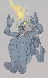  1girl arms_up artist_name astronaut boots broken_helmet commentary curled_up floating floating_hair full_body glass_shards gloves glowing green_hair grey_background helmet looking_at_object machine meteor nanora object_floating_above_hand original parted_lips partially_colored raised_eyebrows short_hair simple_background solo space_helmet spacesuit star_(symbol) surprised very_short_hair violet_eyes wide-eyed 