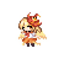 1girl animal_on_head baby_animal bird bird_on_head bird_tail bird_wings blonde_hair chick commentary_request dress full_body medium_hair multicolored_hair niwatari_kutaka on_head one_eye_closed orange_dress orange_eyes pixel_art red_hair ruru2koichi shirt solo tail touhou two-tone_hair white_shirt wings 