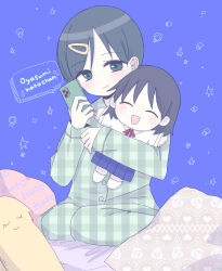  1girl black_hair blue_skirt character_doll collared_shirt commentary_request doll english_text futsuu_no_keion-bu green_eyes green_hair green_pajamas hatono_chihiro holding holding_stuffed_toy kouyama_rin medium_hair neck_ribbon on_bed pajamas pixie_cut plaid_clothes plaid_pajamas pleated_skirt red_ribbon ribbon school_uniform shirt short_hair skirt solo stuffed_toy user_tzfu4245 white_shirt 