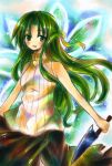  bare_shoulders green_eyes green_hair hair_ribbon higurashi_no_naku_koro_ni holding knife long_hair marker_(medium) open_mouth ribbon skirt sleeveless smile solo sonozaki_shion traditional_media turtleneck wiriam07 