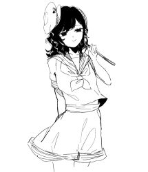  1girl abstract_background black_hair commentary_request cropped_legs hat highres holding holding_ladle ladle long_hair mitsusame sailor_collar sailor_hat sailor_shirt shirt shorts simple_background solo standing touhou white_background 