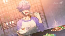  1boy bowl chopsticks club_suicide commentary_request copyright_logo copyright_name covered_eyes dutch_angle eating hair_over_eyes highres holding holding_chopsticks light_blush logo male_focus official_art open_mouth pink_hair purple_sleeves raglan_sleeves rice_bowl shirt sokuse_kienta solo usui_masaya white_shirt 