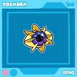  blue_background character_name closed_eyes commentary cosmoem dated_commentary english_commentary full_body grid_background highres lvarts497 no_humans outline pokedex_number pokemon pokemon_(creature) pokemon_focus solo u_u white_outline 