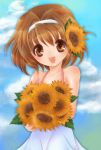  brown_eyes brown_hair dress flower hairband kaho_(sister_princess) minori_haruko short_hair sister_princess sundress sunflower 