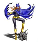  1girl barbara_gordon batgirl batman_(series) belt blue_eyes bodysuit boots cape dc_comics elbow_gloves fake_animal_ears fangs female full_body gargoyle gloves high_heel_boots high_heels knee_boots leg_up long_hair mask navel orange_hair shadow shoes simple_background skin_tight smile solo spread_legs standing statue superhero tongue wavy_hair wings yamashita_shun&#039;ya yamashita_shunya yellow_footwear yellow_gloves 