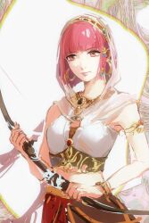  1girl arabian_clothes armlet bare_shoulders belt blunt_bangs bob_cut bow_(weapon) bracelet brown_eyes chinese_commentary cloak closed_mouth commentary_request cowboy_shot crop_top earrings gold_armlet gold_belt gold_bracelet gold_earrings gold_necklace hairband halter_shirt halterneck happy highres holding holding_bow_(weapon) holding_weapon hood hood_up hooded_cloak hoop_earrings infinity_nikki jewelry light_smile lishao_lishao midriff necklace nikki_(nikki) nikki_(series) pink_hair pink_lips purifying_wind_(infinity_nikki) red_hairband red_skirt shirt short_hair skirt solo standing weapon white_background white_cloak white_shirt 