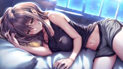  1girl amakano_3 bed black_shirt black_tank_top blue_nails blush breasts brown_eyes brown_hair closed_mouth dolphin_shorts game_asset grey_shorts hair_between_eyes highres indoors large_breasts long_hair looking_at_viewer lying midriff nail_polish navel on_bed on_side pillow piromizu shirt short_shorts shorts solo tank_top window yanagi_shion 