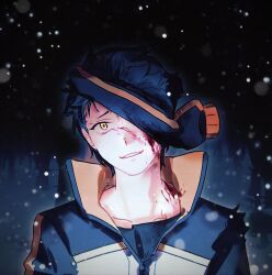  1boy black_hair blood blood_on_face commentary head_tilt high_collar looking_at_viewer male_focus nangu0417 natsuki_subaru parted_lips re:zero_kara_hajimeru_isekai_seikatsu short_hair snow solo track_suit untranslatable_commentary upper_body yellow_eyes 
