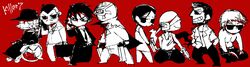  beard chibi con_smith coyote_smith dan_smith dual_wielding everyone facial_hair formal garcian_smith glasses gro gun handgun harman_smith hat headset highres kaede_smith kevin_smith killer7 knife mask mask_de_smith necktie old_man revolver shirtless sketch suit suitcase sunglasses weapon wheelchair 