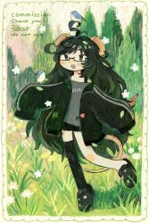  1girl animal_ears bird black_hair black_jacket black_shoes black_shorts black_thighhighs commentary_request commission day full_body glasses grass grey_shirt highres jacket long_hair long_sleeves looking_at_viewer mamei_mema mouse_ears mouse_girl mouse_tail nature open_clothes open_jacket open_mouth original outdoors shirt shoes short_shorts shorts single_thighhigh skeb_commission sleeves_past_fingers sleeves_past_wrists solo standing tail thigh-highs very_long_hair 