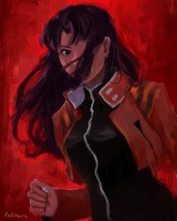  1girl absurdres black_eyes black_shirt breasts commentary english_commentary hair_over_mouth hair_over_one_eye high_collar highres holding holding_jewelry holding_necklace jacket jewelry katsuragi_misato long_hair looking_at_viewer medium_breasts necklace neon_genesis_evangelion orange_jacket pepesinta purple_hair red_background shirt signature solo upper_body 