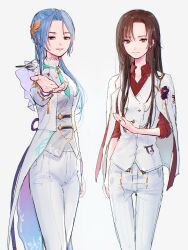  2girls animal_on_shoulder bird bird_on_shoulder blue_eyes blue_hair brown_hair collared_shirt commentary_request feet_out_of_frame green_necktie hair_ornament hair_over_shoulder hanamura_shiki hanamura_shiki_(radiant_cantabile) hand_up heaven_burns_red highres jacket jacket_on_shoulders kulfiq leaf_hair_ornament long_hair multiple_girls necktie official_alternate_costume official_alternate_hairstyle pants parted_bangs ponytail reaching reaching_towards_viewer red_eyes red_shirt shirt side-by-side sidelocks simple_background standing tailcoat vest white_background white_pants white_shirt white_vest yanagi_mion yanagi_mion_(evening_perfume_with_a_hint_of_rose) 