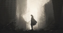  1boy absurdres barcode barcode_tattoo black_sclera building cloak colored_sclera commentary_request facial_tattoo from_side gi_ra1 grey_cloak grey_hair highres hood hood_down hooded_cloak long_hair looking_down male_focus outdoors punishing:_gray_raven red_eyes roland:_flambeau_(pgr) roland_(pgr) ruins solo tattoo wide_shot 