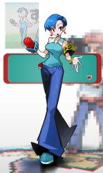  1girl 2boys armband bare_shoulders blue_eyes blue_pants blue_shirt blue_shoes breasts brendan_(pokemon) brown_hair camera derivative_work gabby_(pokemon) hat highres holding holding_camera holding_microphone large_breasts microphone multiple_boys open_mouth pants pixel_art pokemon pokemon_ruby/sapphire/emerald shakeeeeeeeee shirt shoes short_hair sleeveless sleeveless_shirt smile sprite_redraw ty_(pokemon) yellow_armband 