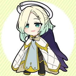  1girl :d angel angel_wings black_boots blonde_hair blush boots chibi chibi_only cloak commentary_request crack full_body gradient_hair green_eyes green_hair halo knee_boots long_hair multicolored_hair nise_dorothia open_mouth original purple_wings slit_pupils smile solo standing white_cloak white_halo wings 